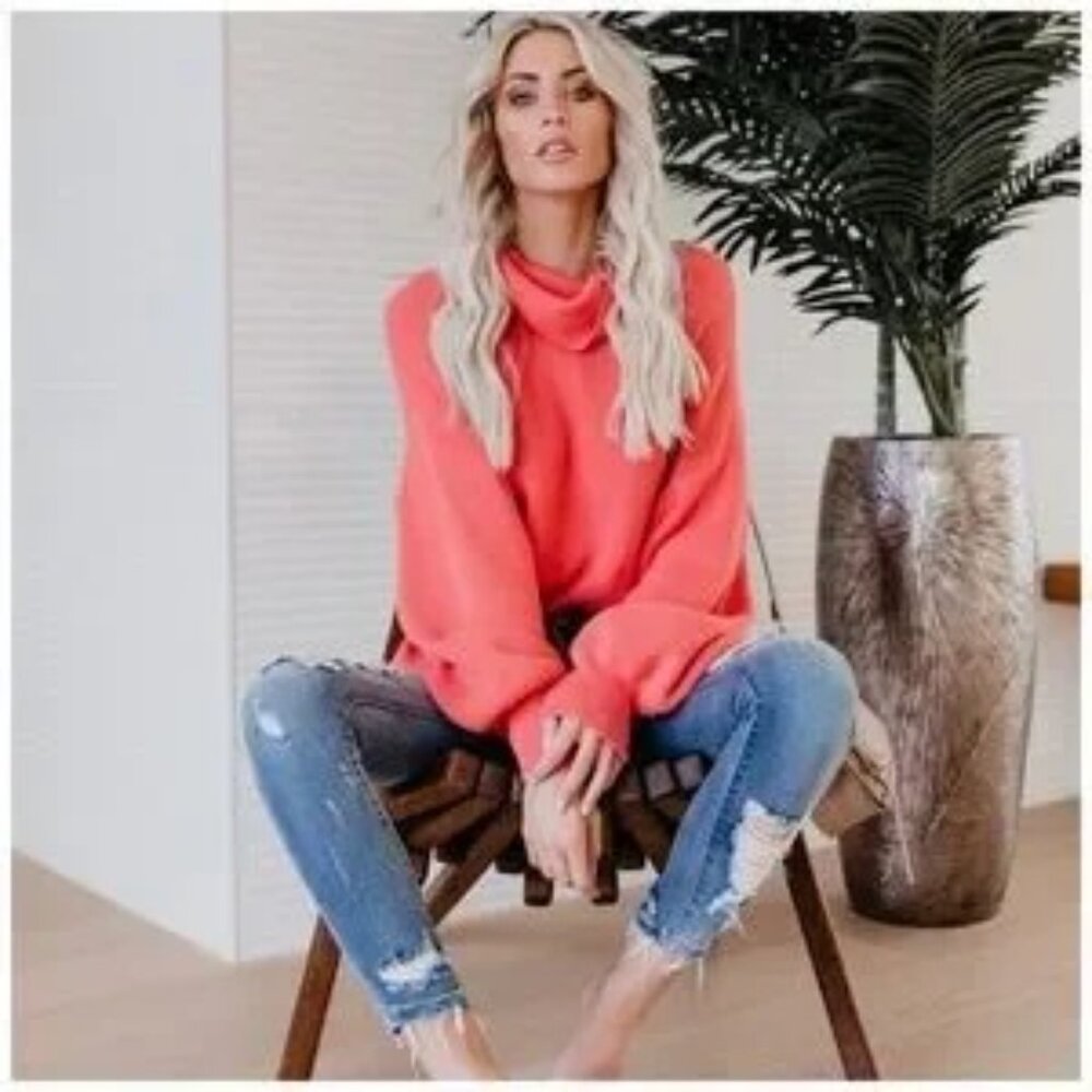 Vici Cowl Neck Balloon Sleeve Pullover Sweater S Ribbed Knit Relaxed Fit Coral - Picture 2 of 11